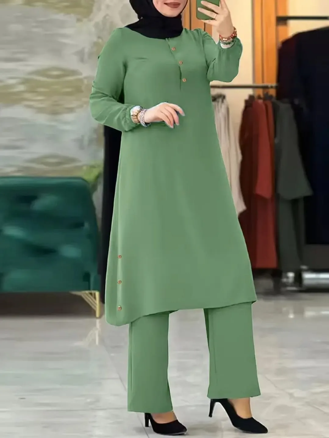 Green Long Sleeve Women's Pant Set image indicator(2)