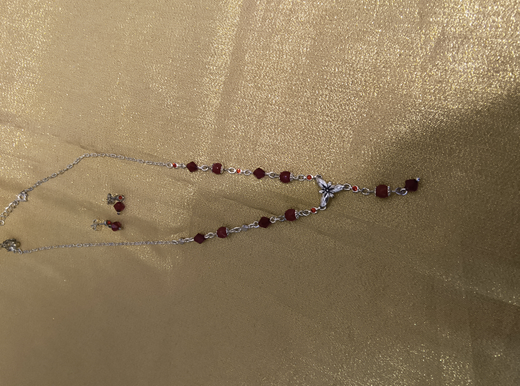 Necklace and Earring Set, Red and Silvertone