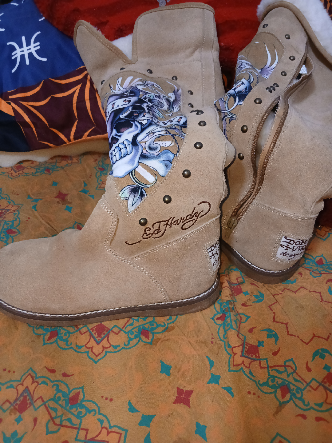 Ed Hardy Beige Suede Boots with Skull Design