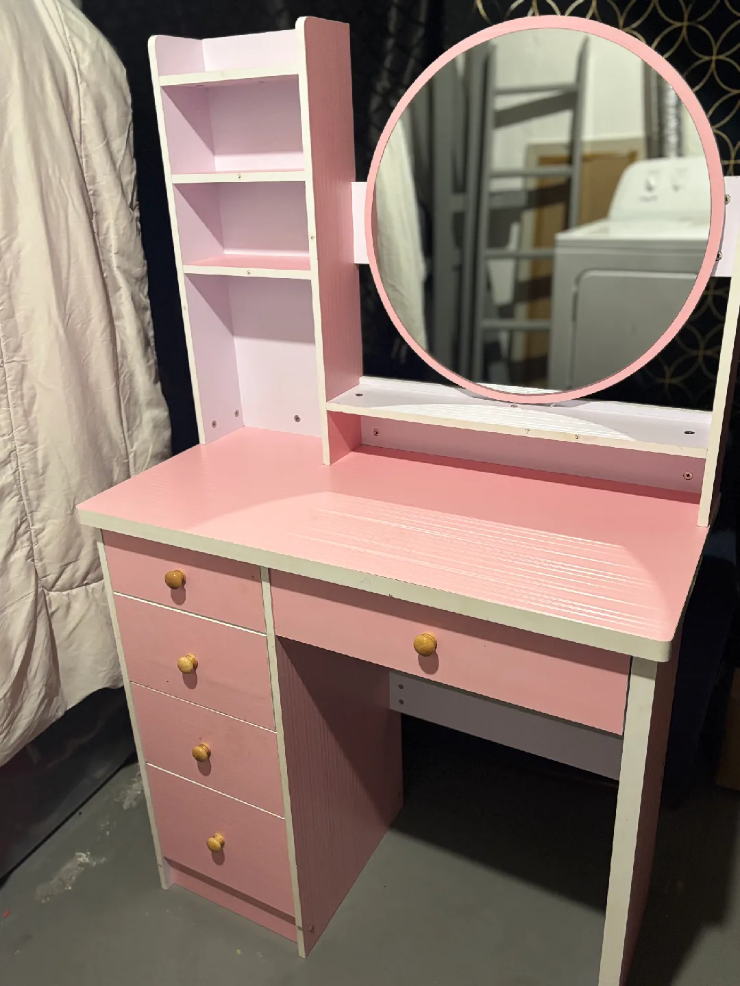 Pink Vanity Table with Mirror & Shelves image indicator(2)