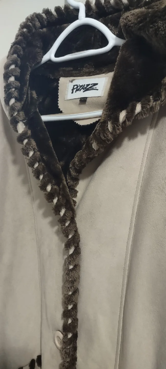 Pizazz Genuine suede leathe  Beige Hooded Coat image indicator(2)