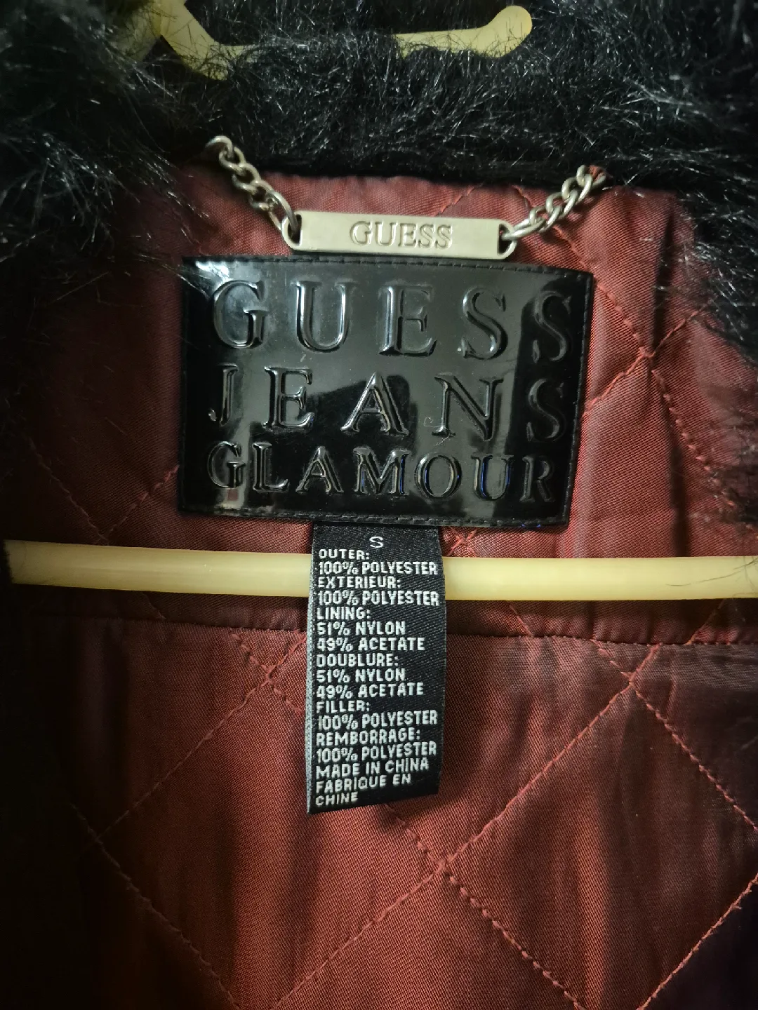 Guess Jeans Glamour Black Faux Fur Trim Coat - Size S image indicator(2)