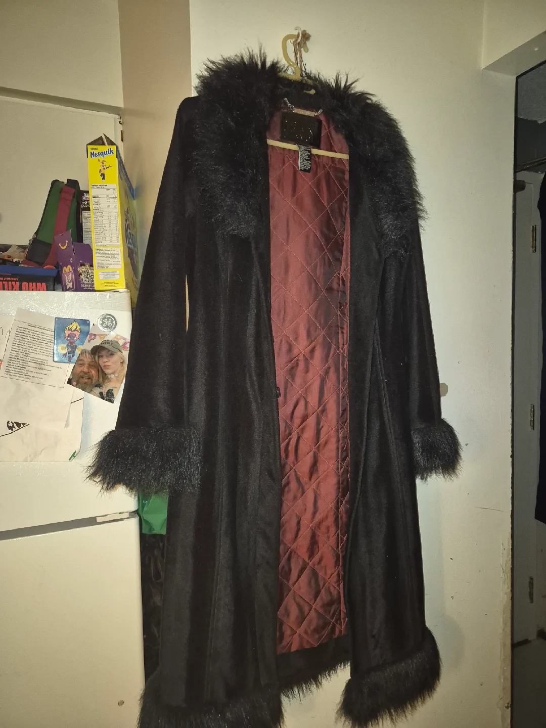 Guess Jeans Glamour Black Faux Fur Trim Coat - Size S image indicator(3)