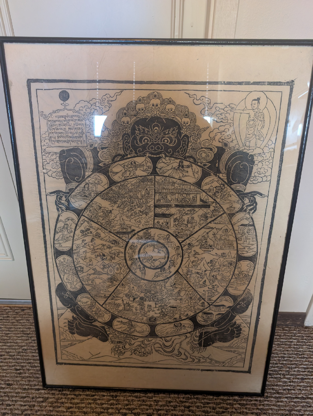 antique rice paper print of Tibetan Buddhist wheel of life