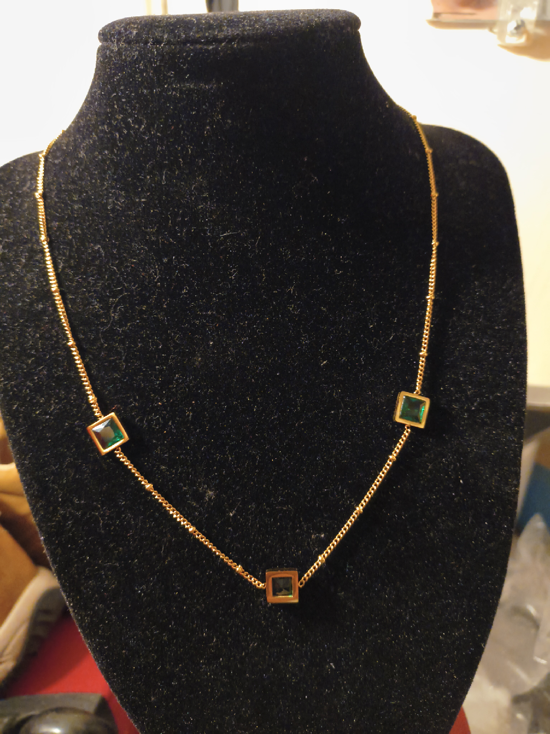 Gold Necklace with Green Square Accents