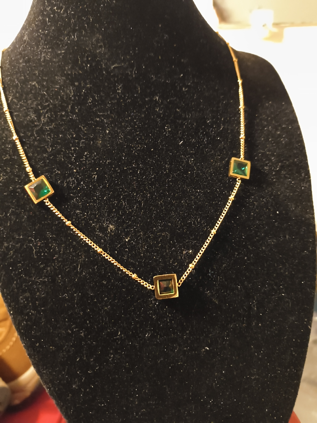 Gold Necklace with Green Square Accents - photo 2