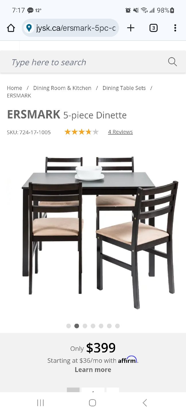 dining table set. 3 feet by 5 feet.