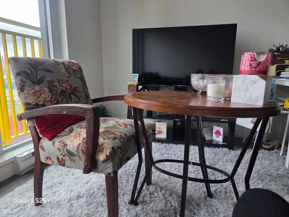 Floral Accent Chair & Round Wood Table Set