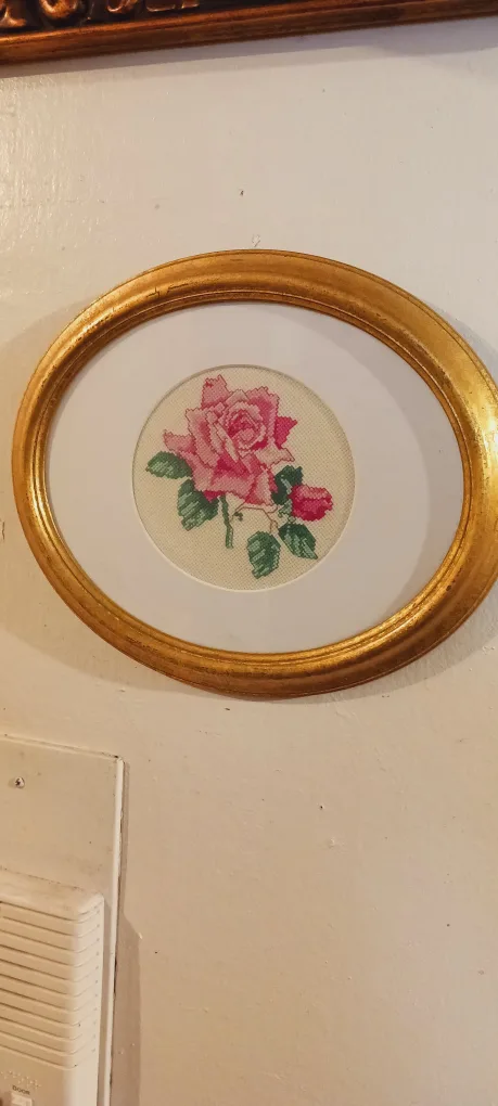 Gorgeous  Embroidered Rose Cross Stitch  Art in Gold Frame thumbnail