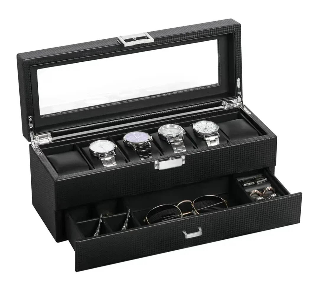 Black Carbon Fiber Watch Box Organizer image indicator(6)