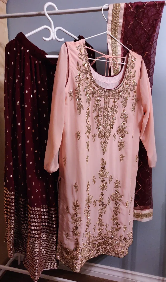 Peach Burgundy Indian Party Salwar Sharara Suit - XL/XXL