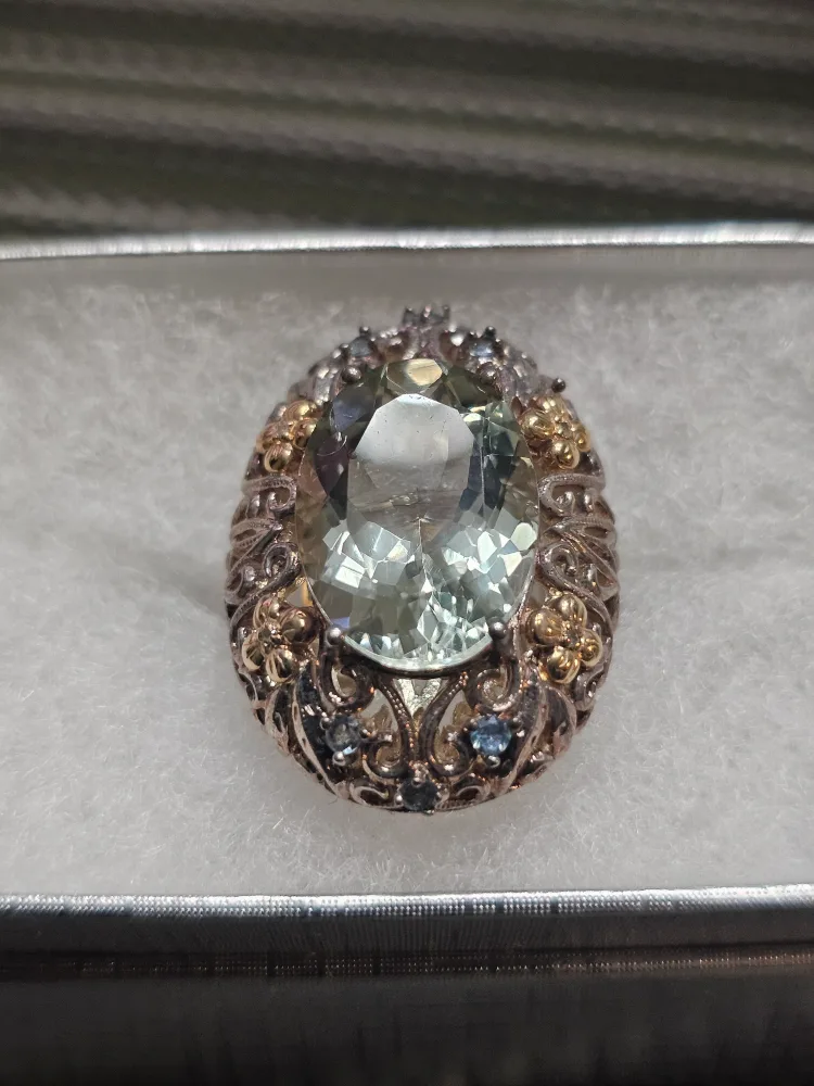 14K White Gold, 925 Silver Ring with Green Stone thumbnail