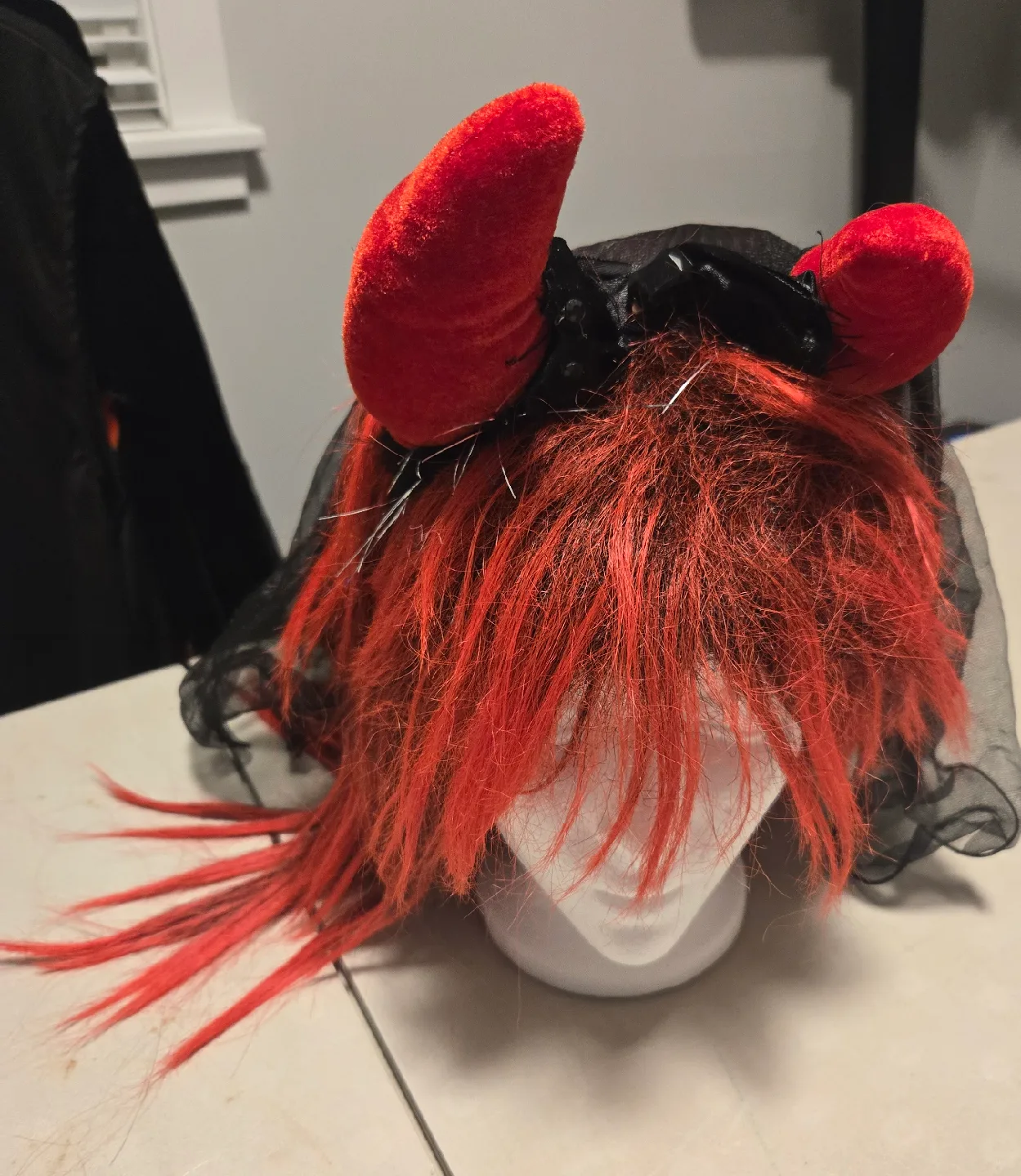 Red Devil Costume Wig with Horns & Veil thumbnail