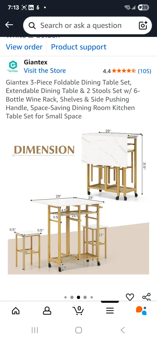 (FINAL SALE);3-Piece Foldable Dining Table Set image indicator(3)