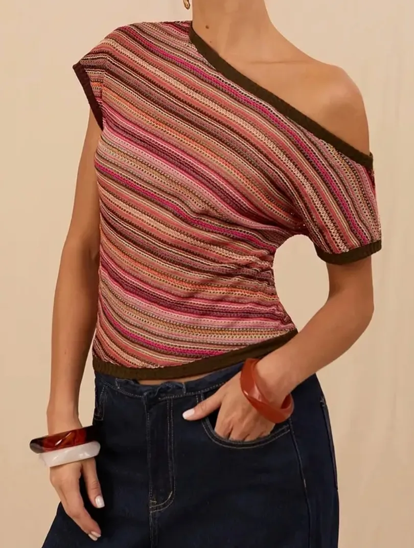 🆕Striped One-Shoulder Knit Top - Size S thumbnail
