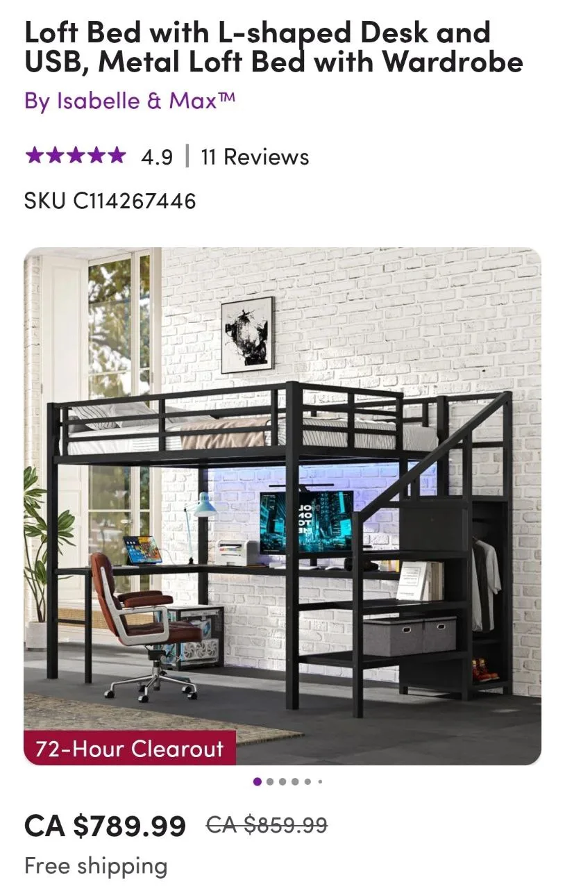 Full Size Loft Bed with Desk & Stairs - Black Metal Frame image indicator(7)