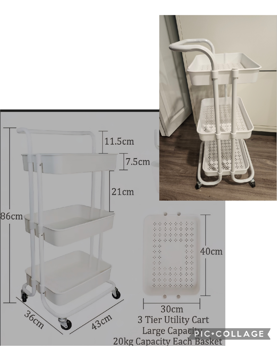 3 Tier Utility Cart - White, Large Capacity