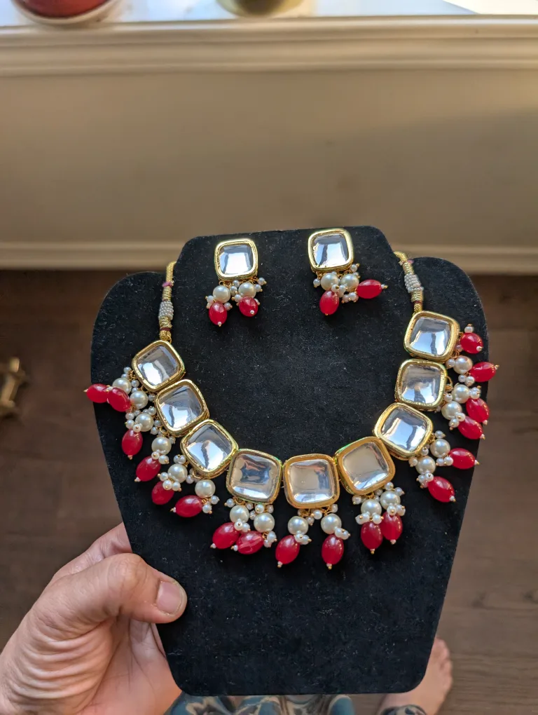 Necklace & Earring Set - Red & White thumbnail