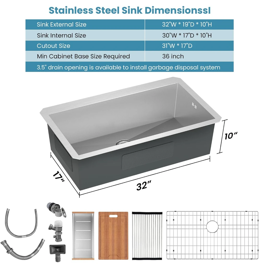 32" x 19" Stainless Steel Kitchen Sink with Accessories - photo 3