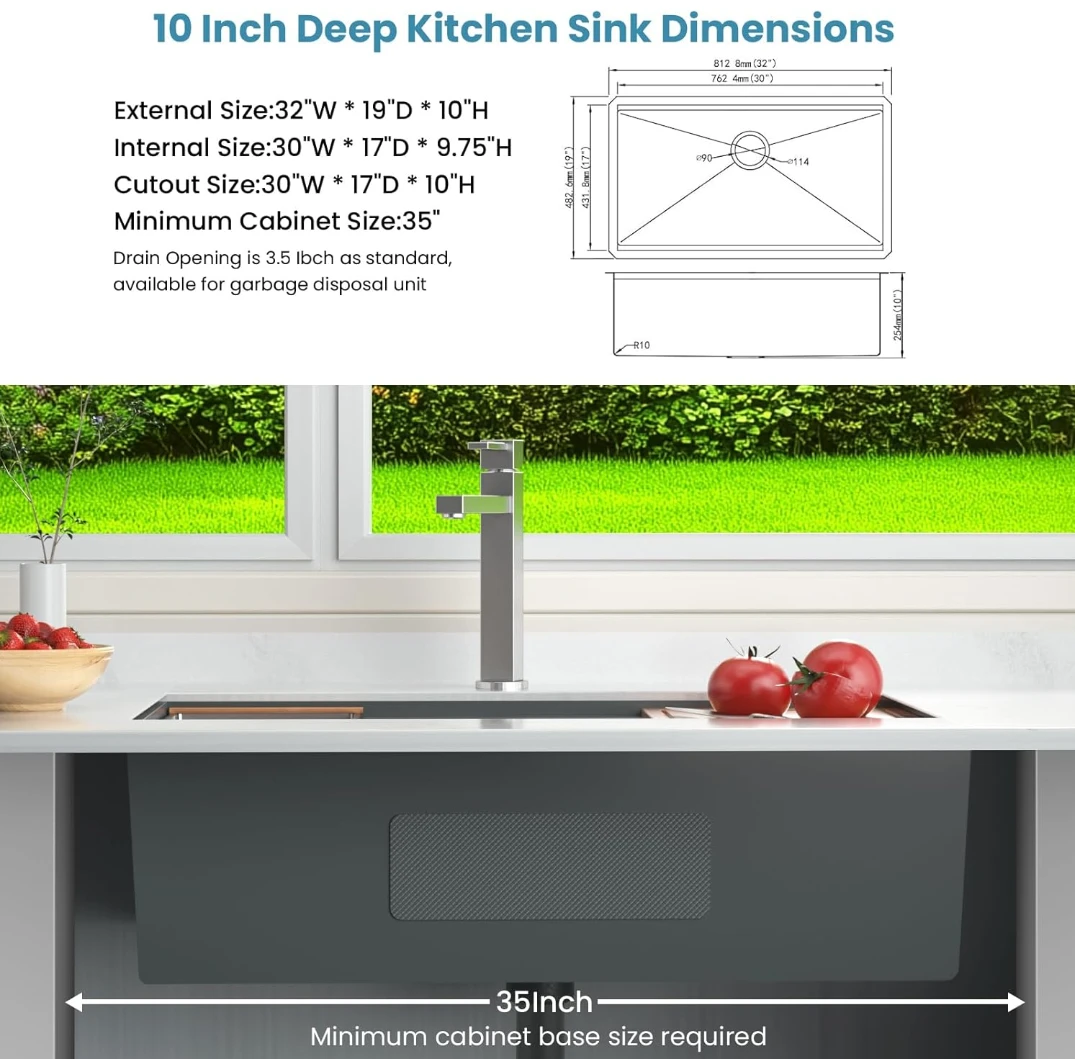 32" x 19" Stainless Steel Kitchen Sink with Accessories - photo 4