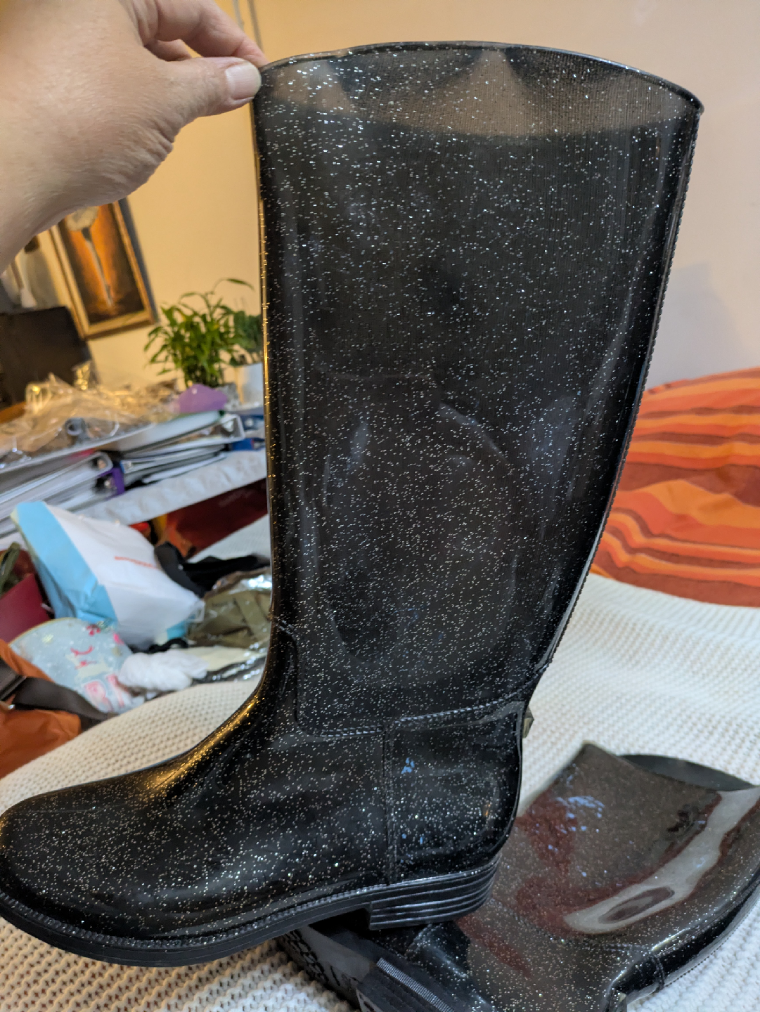 Black Glitter Rain Boots - Size 8
