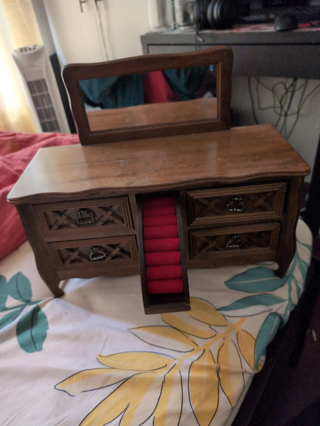 Vintage Wood Jewelry Box with Mirror