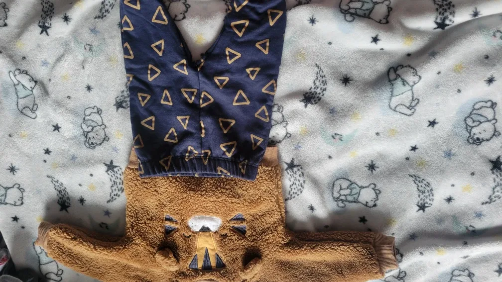 Baby Outfit Set - Brown Bear Sweater & Blue Triangle Pants