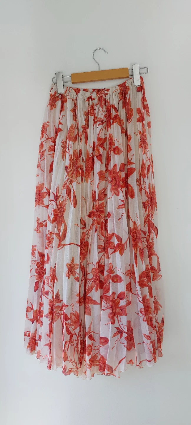 Floral Pleated Skirt - Orange/White