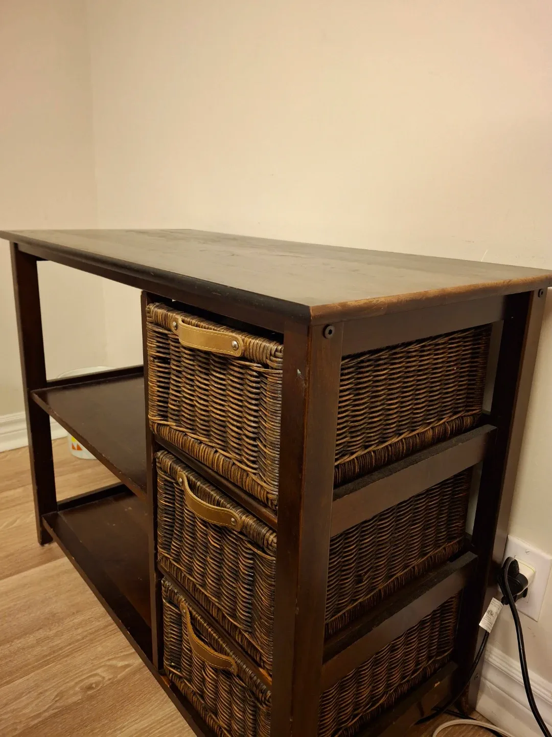 MOVING SALE Dark Wood Console Table with Wicker Baskets image indicator(2)