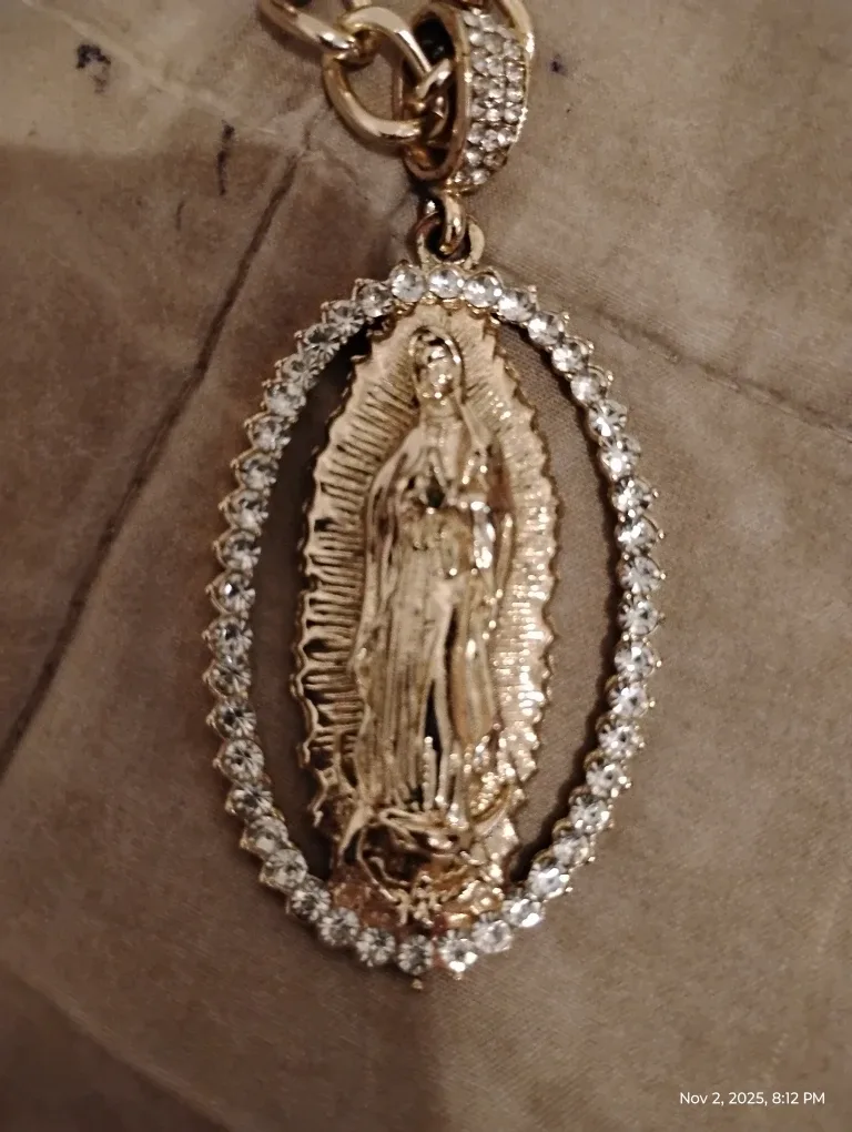 Gold Virgin Mary Pendant with Rhinestones
