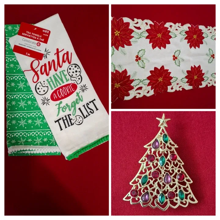 NEW Christmas Tea Towels & Table Runner & Brooch thumbnail