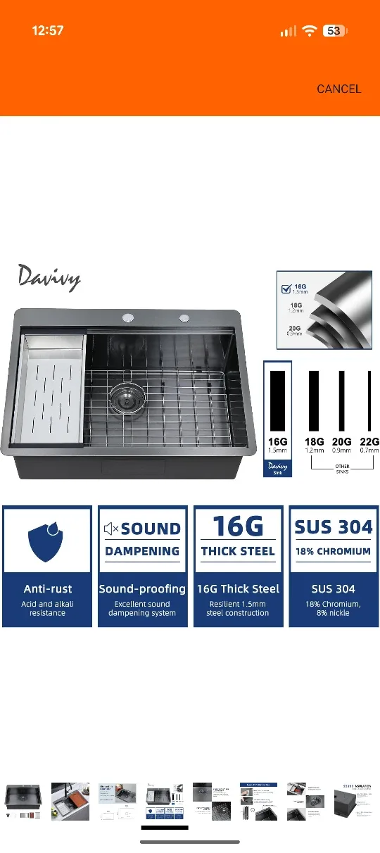 Davivy Kitchen Sink - 30 x 22 x 10 inches image indicator(4)