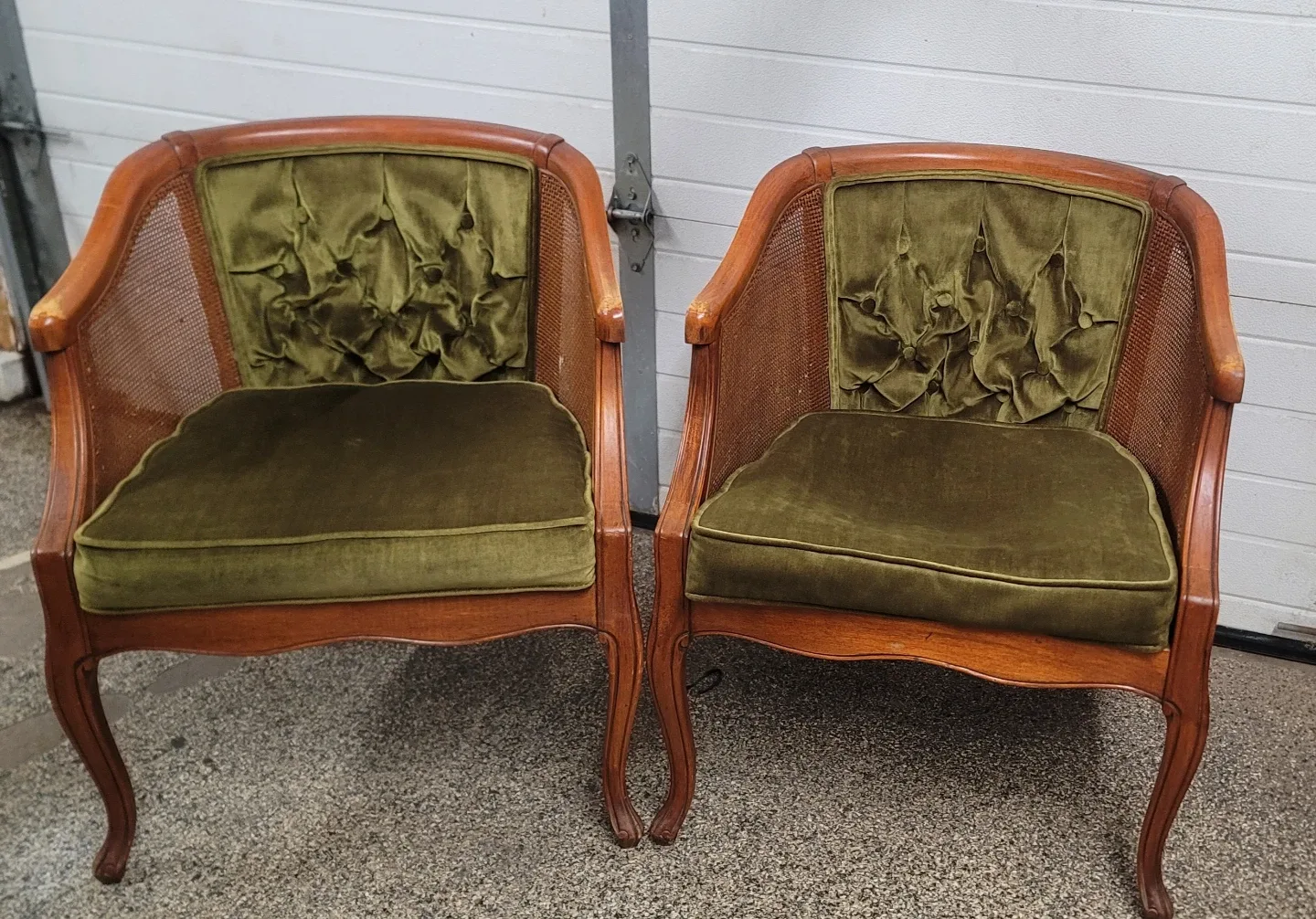 Pair of Vintage Wood & Green Velvet Accent Chairs thumbnail