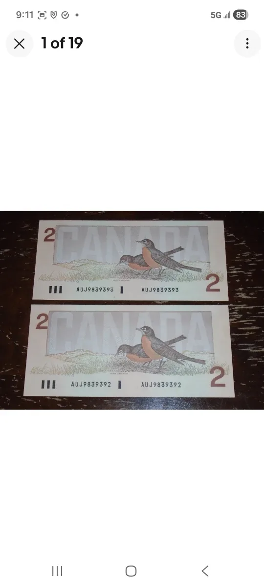 1986 Bank of Canada, Consecutive $2 Bills/AUJ/Crow-Bouey + bonus