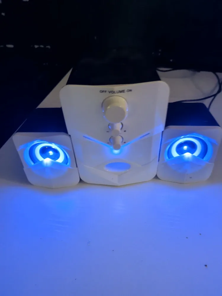 White Computer Speakers with Blue LED Lights