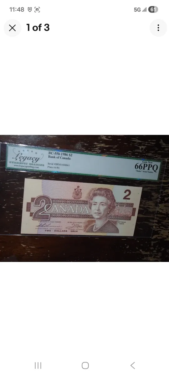 1986 Bank of Canada $2 Bill - Gem New, three digit radar