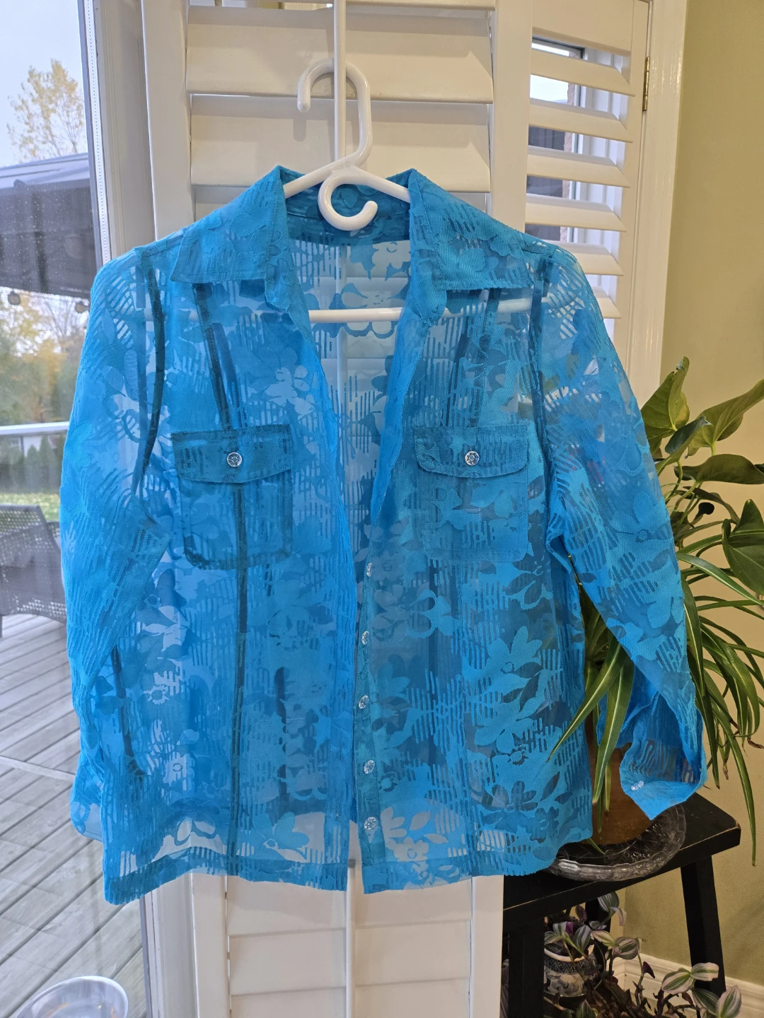 Blue Floral Lace Button-Up Shirt - photo 2