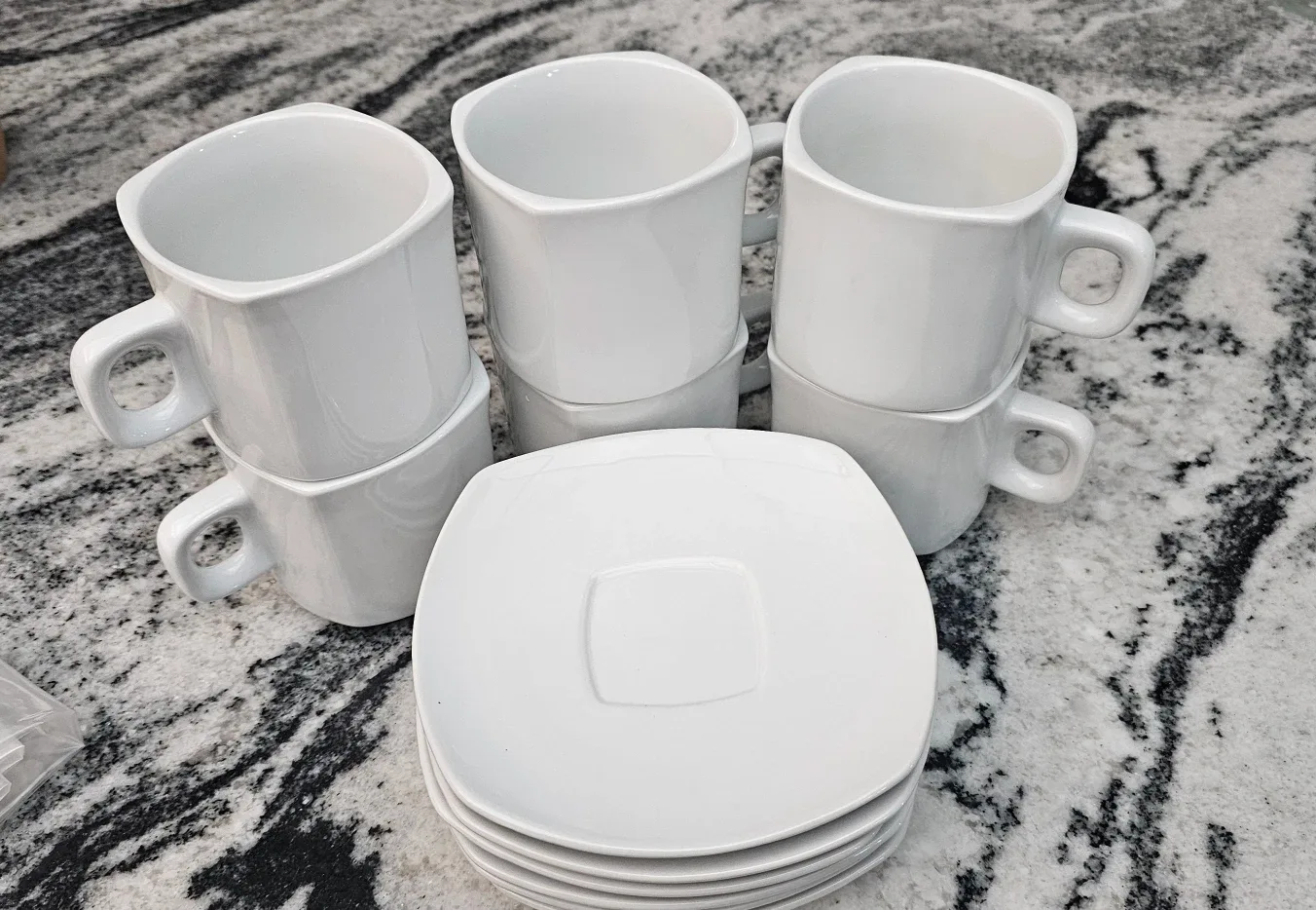 White Mugs and Saucers Set