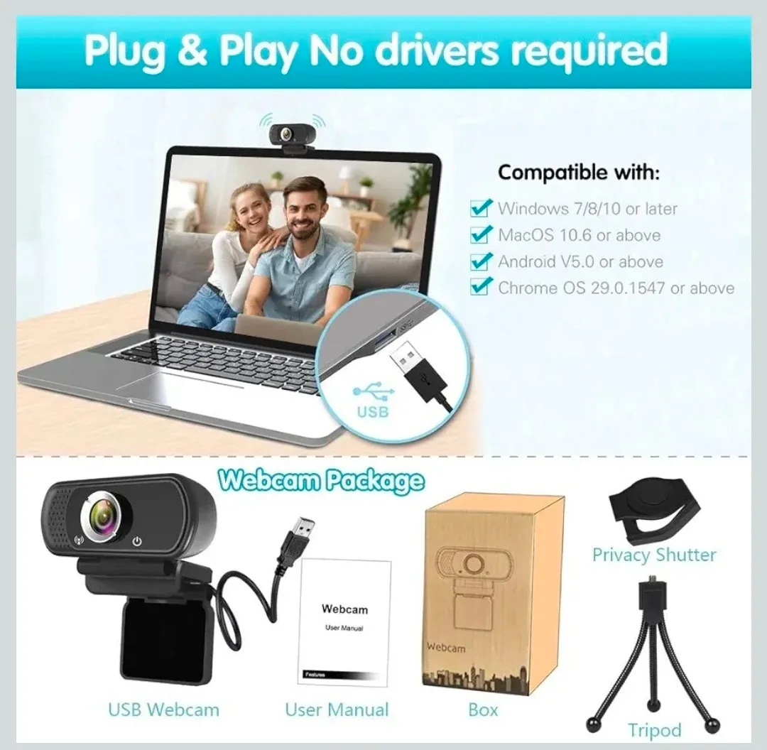 Webcam w noise reduction Mic, 1080p, Tripod image indicator(7)