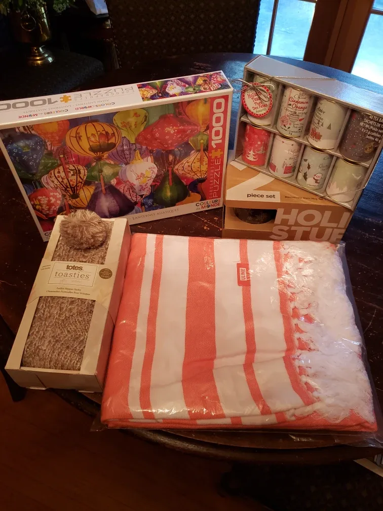 Holiday mugs, tea, puzzle, socks and blanket