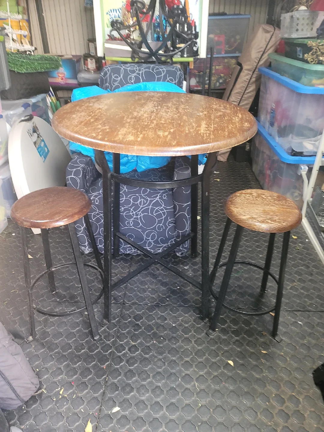 Round Wooden Pub Table with 2 Stools