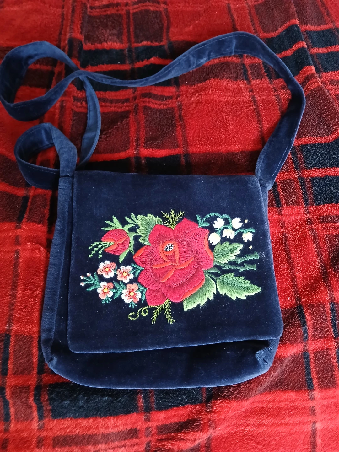 Blue Velvet Floral Embroidered Shoulder Bag