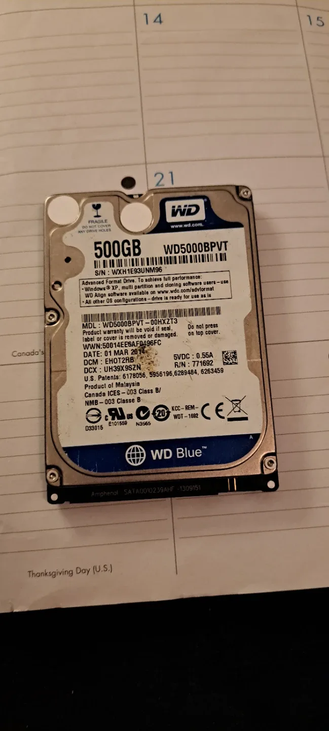 WD Blue 500GB Hard Drive - WD5000BPVT