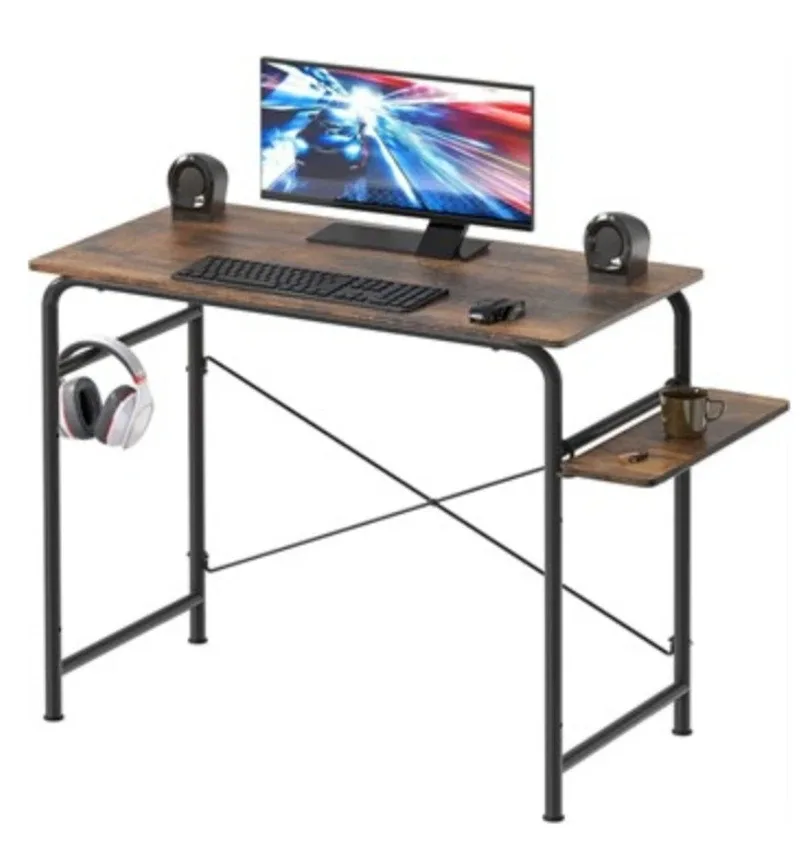 Rustic Brown Computer Desk with Side Shelf
