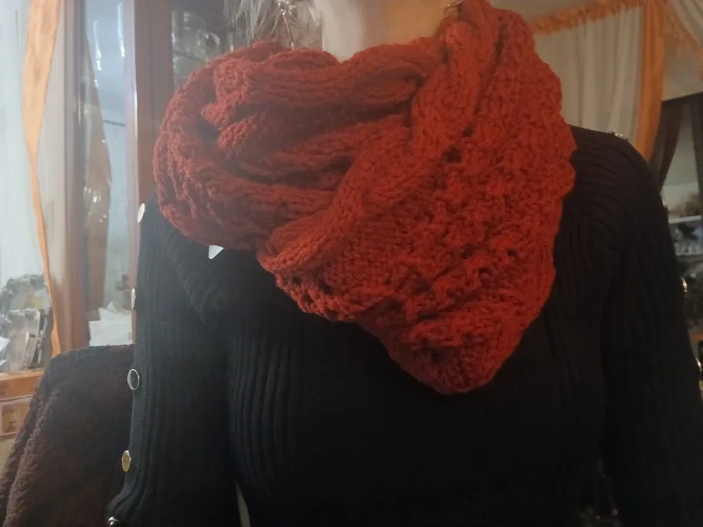 Handmade Knitted Infinity Scarf - Rust Color