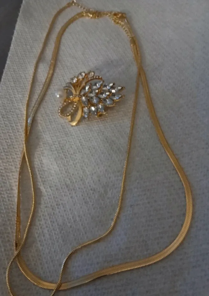 Gold Tone Herringbone Chain Necklace & Brooch Set