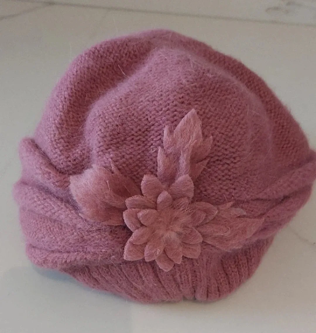 Pink Knit Beret Hat with Flower Detail