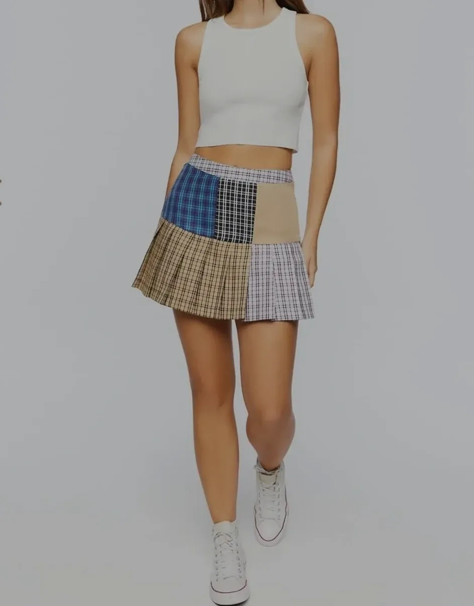 Patchwork Pleated Mini Skirt - small
