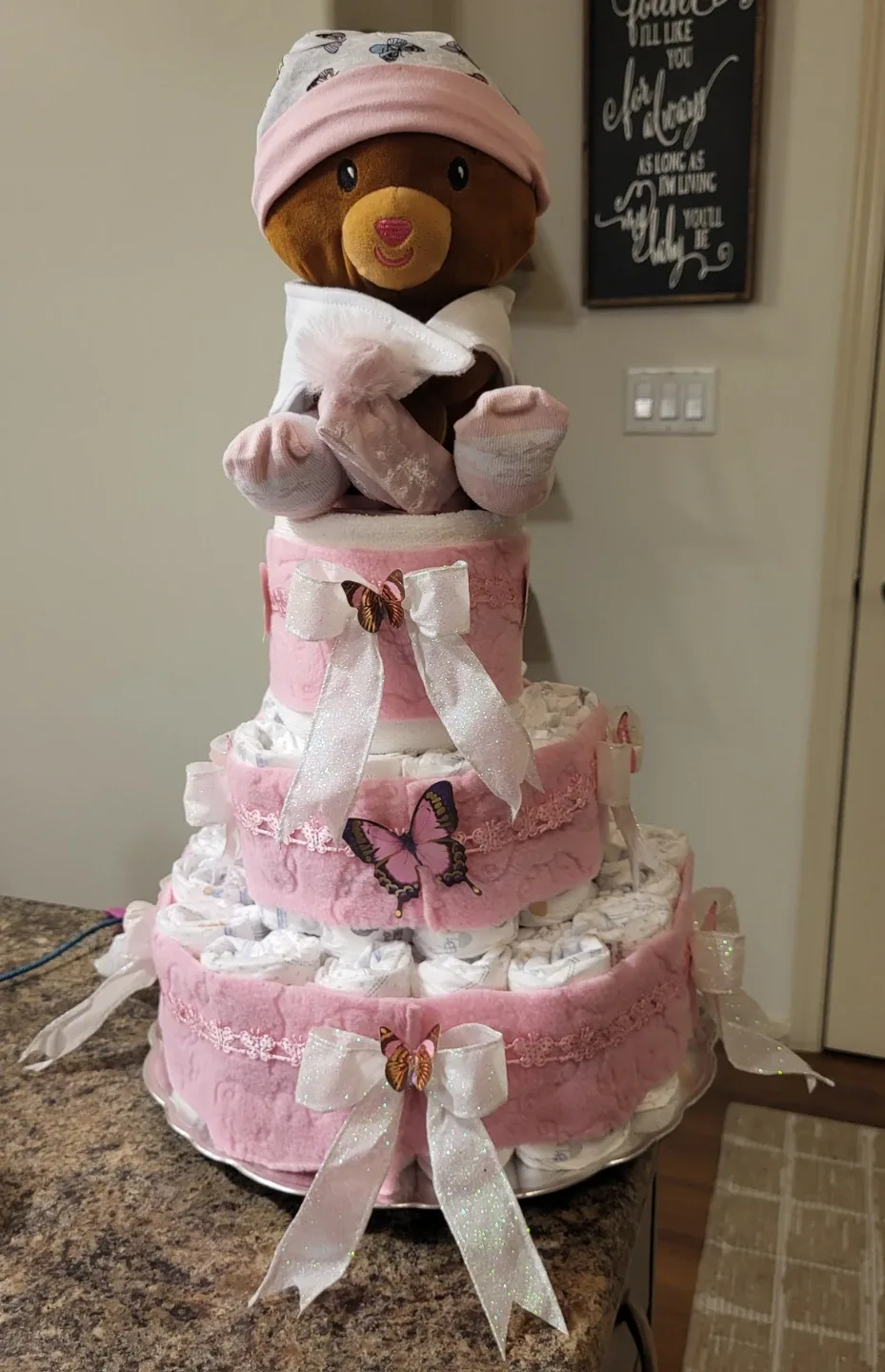 Pink Diaper Cake with Teddy Bear Topper