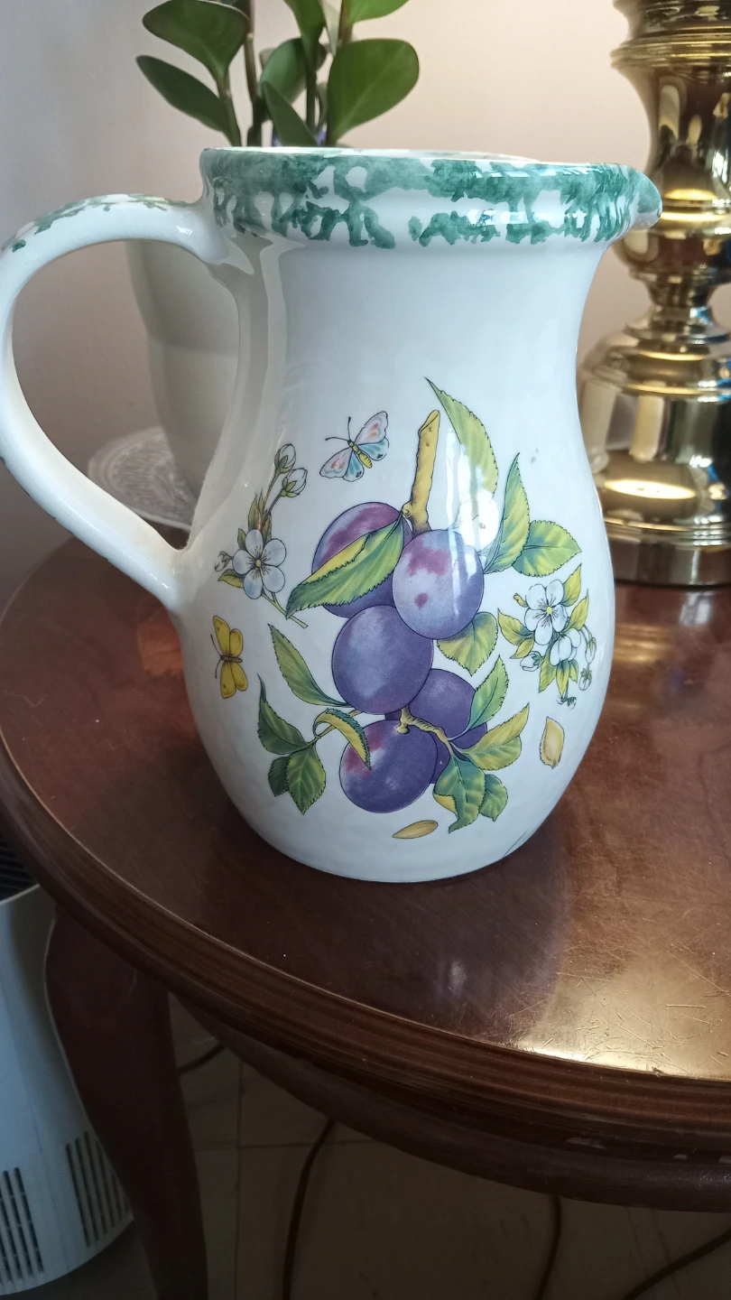 White Ceramic Pitcher with Plum Design